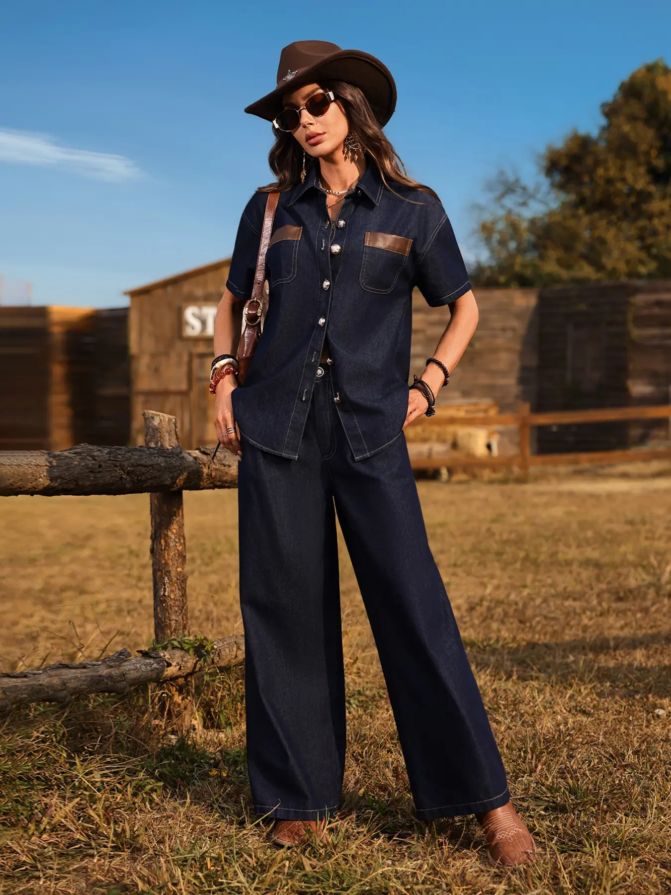 Women's Western Style Two-Piece Set, Short Sleeve Leather-Look Shirt with Pocket, Wide Leg Dark Wash Jeans, Vintage Denim Casual