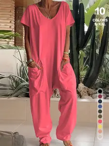 American High Street Casual V Neck Short Sleeve Jumpsuit, Loose Fit Harem Pants, Breathable Conceal Fat Design, Women's Home Wear, All Seasons