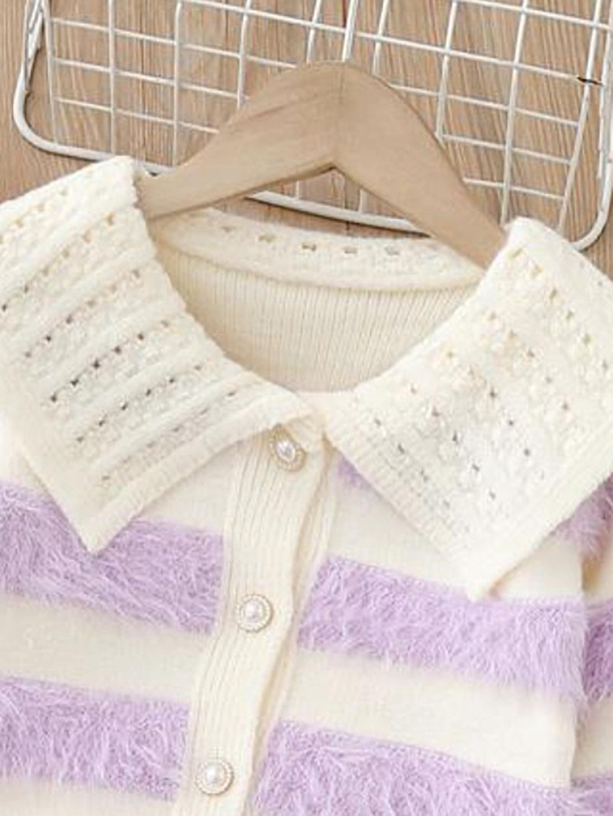Girls' ted Knit Sweater with Plush Stripes & Pearl Buttons - Soft Pastel Purple & Contrast, Cozy Lapel Collar, Loose Fit Winter Warmth, Cute Casual Daily Wear for Fall/Winter, Easy Button-Front Closure (No Zippers) - Ideal for School & Playdates - D