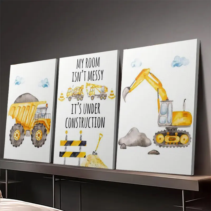 3-piece wooden frame canvas poster, construction truck, excavator, dump truck, modern minimalist art, creative waterproof canvas poster, wall decoration for bedroom, living room, home, and dormitory