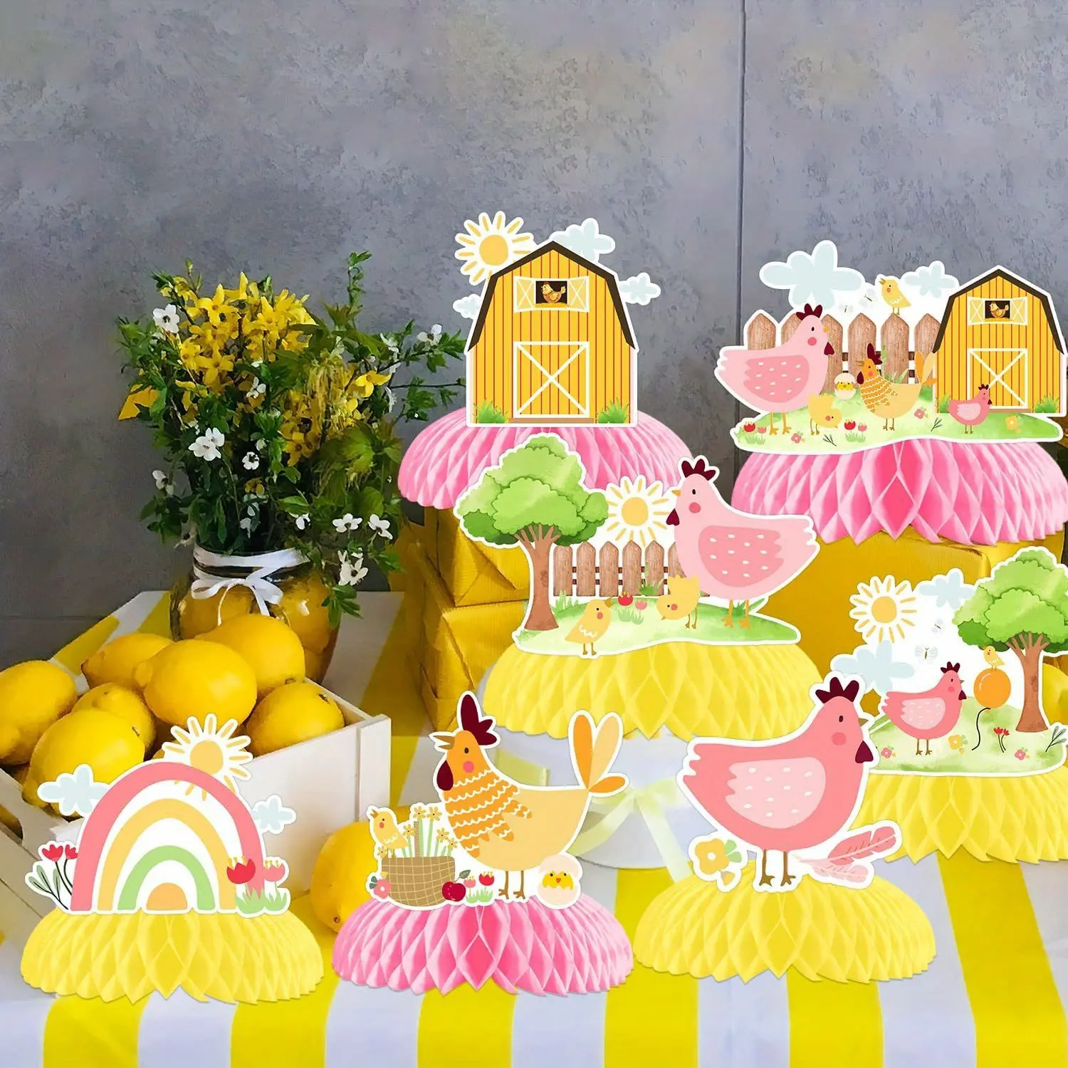 8Pcs Chicken Themed Honeycomb Centerpieces Farm Animal Themed Party Decorations Barn Farm Chicken Table Toppers Hen Table Decor for Kids Farm Animals Birthday Party Babyshower Party Supplies