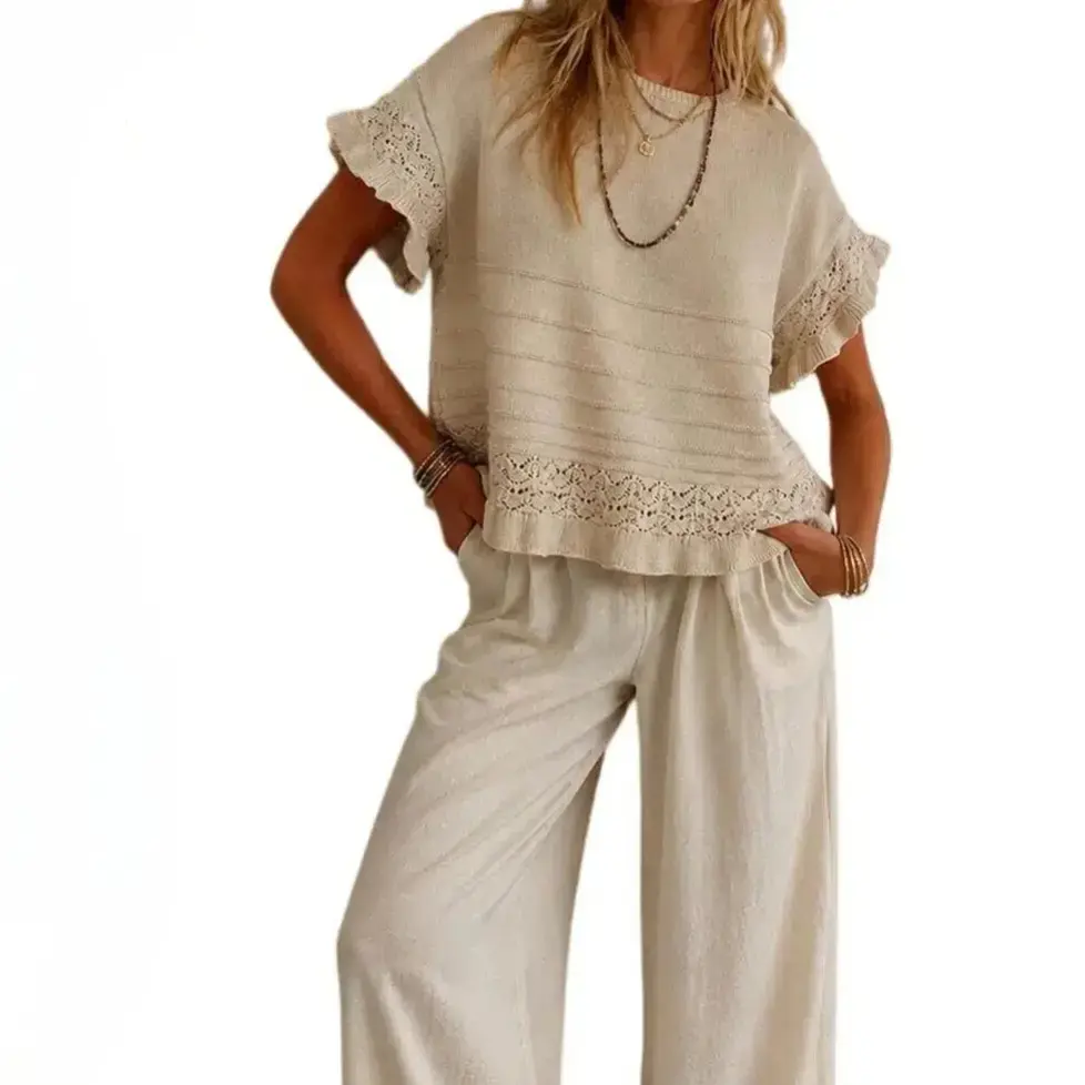 Women's Short Sleeve Sweater Round Neck Ruffled Hem Knit Crochet Pullover Summer Fall Casual Top Blouse,back to school,back to school shopping