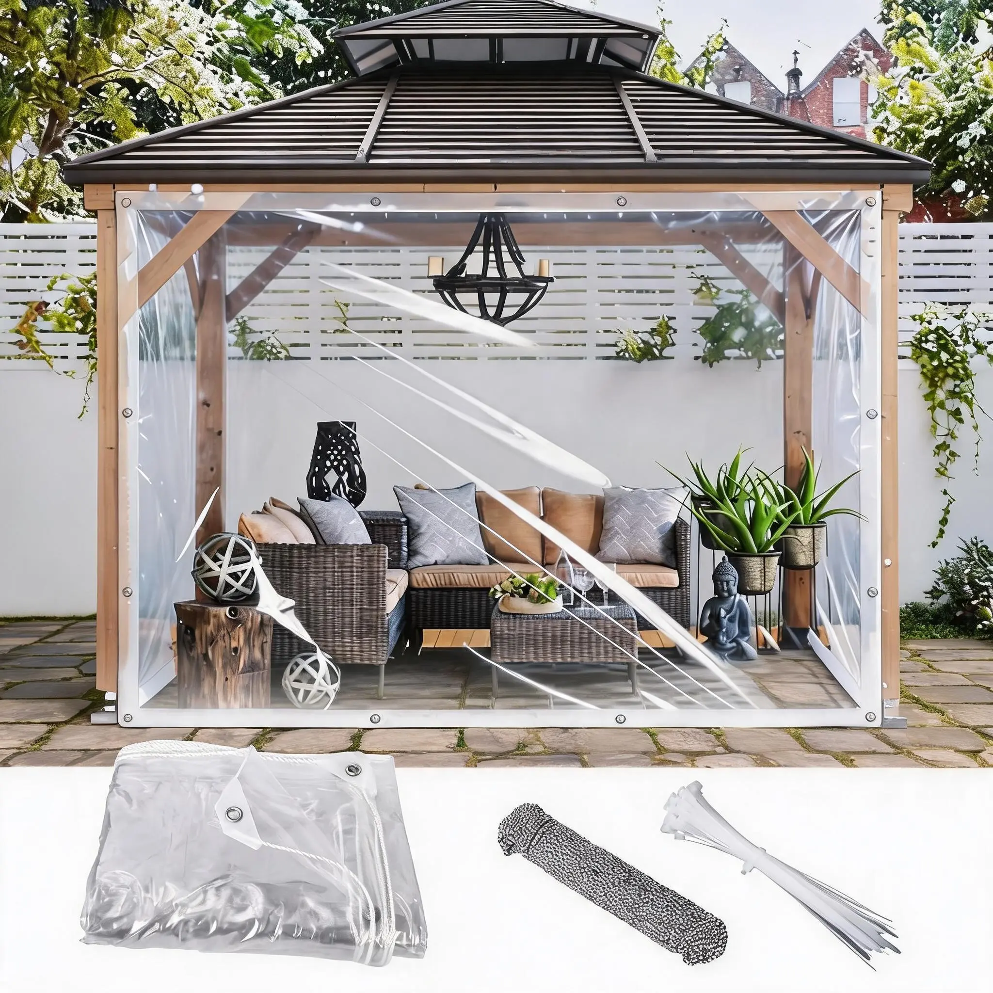 8' x 12' Clear Tarp Waterproof 14Mil, Transparent PVC Tarp with Grommets, Ropes & Cable Ties, Windproof Enclosure for Greenhouse & Patio