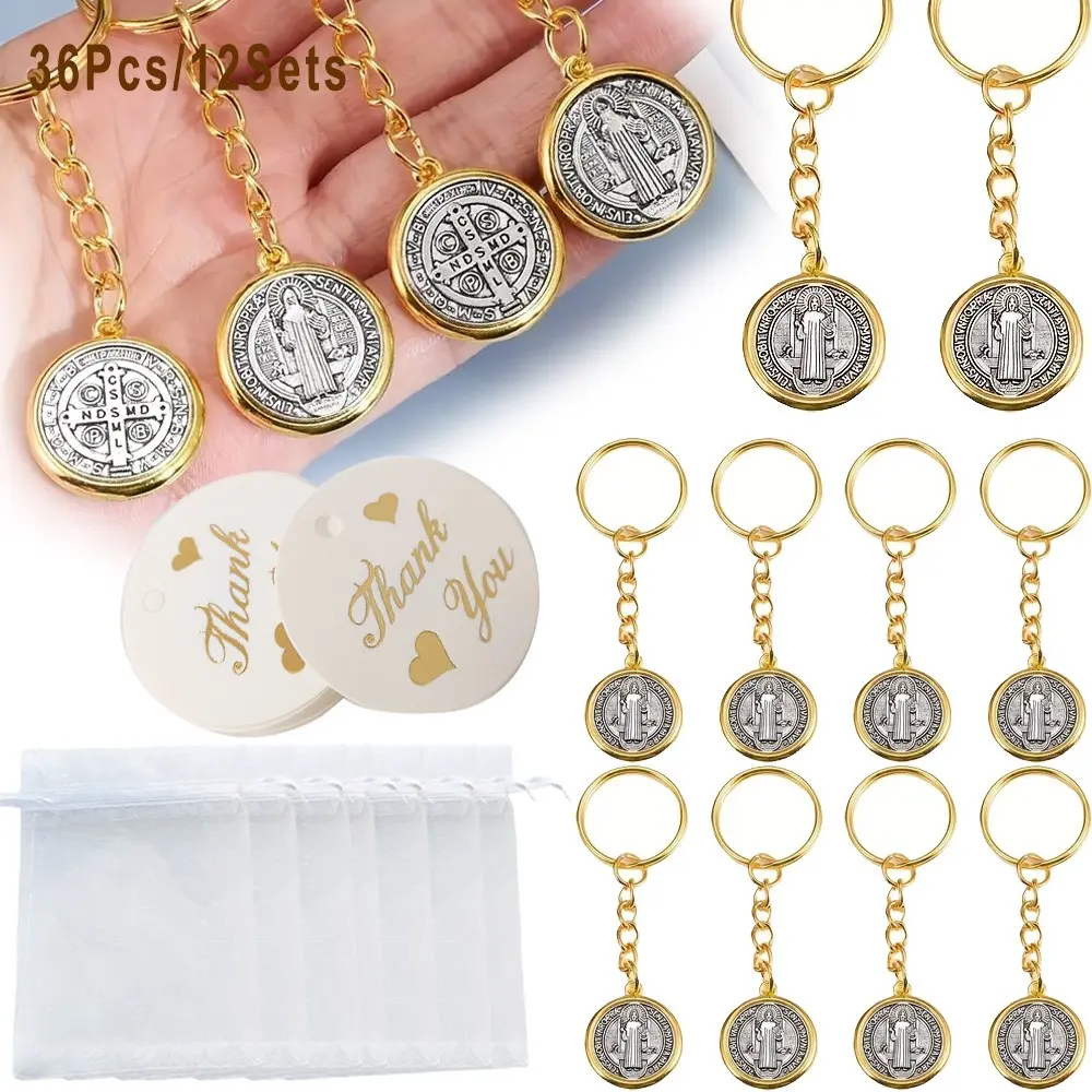 36pcs/12Sets Retro St. Benedict Medal Pendant Metal Keychains - Religious Souvenirs Suitable for Christmas, Thanksgiving, Parties, Baptisms, Confirmations, First Communions, Back-To-School Celebrations, Birthdays