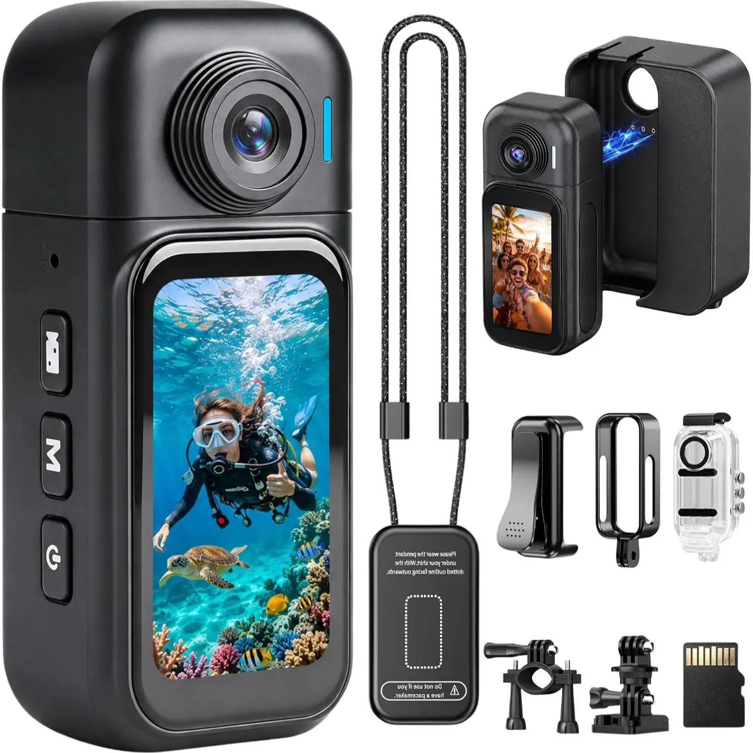 1080P Mini Pocket Camera, Hands-Free POV with Magnetic & 360° Clips, Waterproof Wearable Body Cam for Cycling, Moto, Vlog, Pets, Touchscreen, 180° Rotating Lens, Charge & Record, Mount Anywhere, Gift for Boys, Waterproof Action Cameras