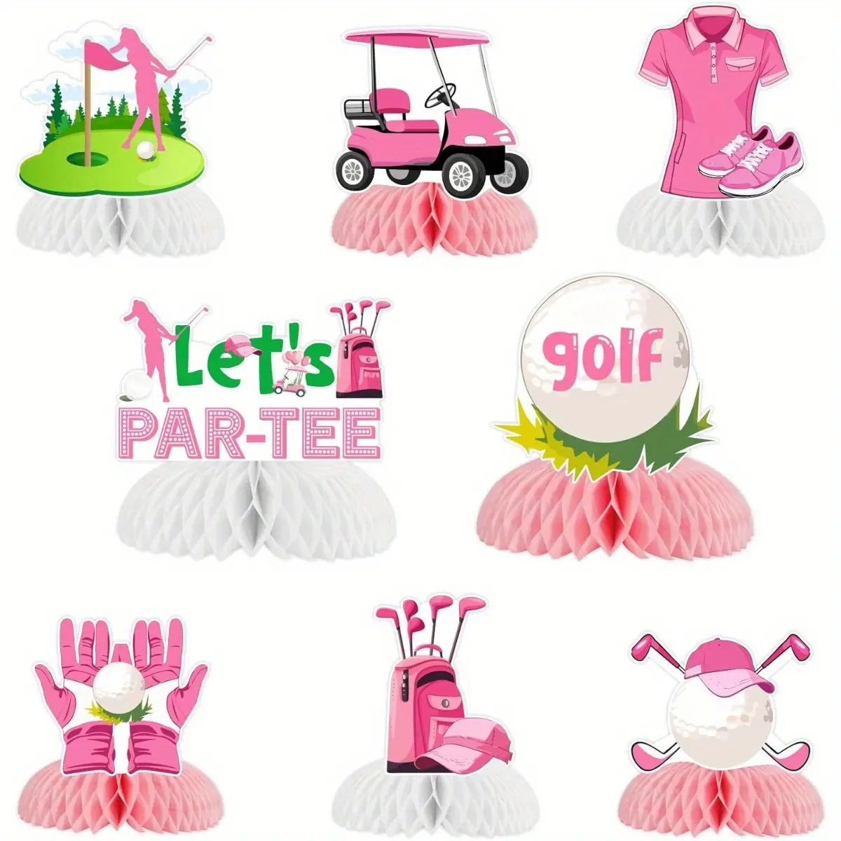1Set Golf Themed Party Decorations for Girls 8pcs Pink Golf Let s ParTee Honeycomb Centerpiece Golf Table Centerpieces Table Toppers for Golf Themed Birthday Baby Shower Sports Theme Party
