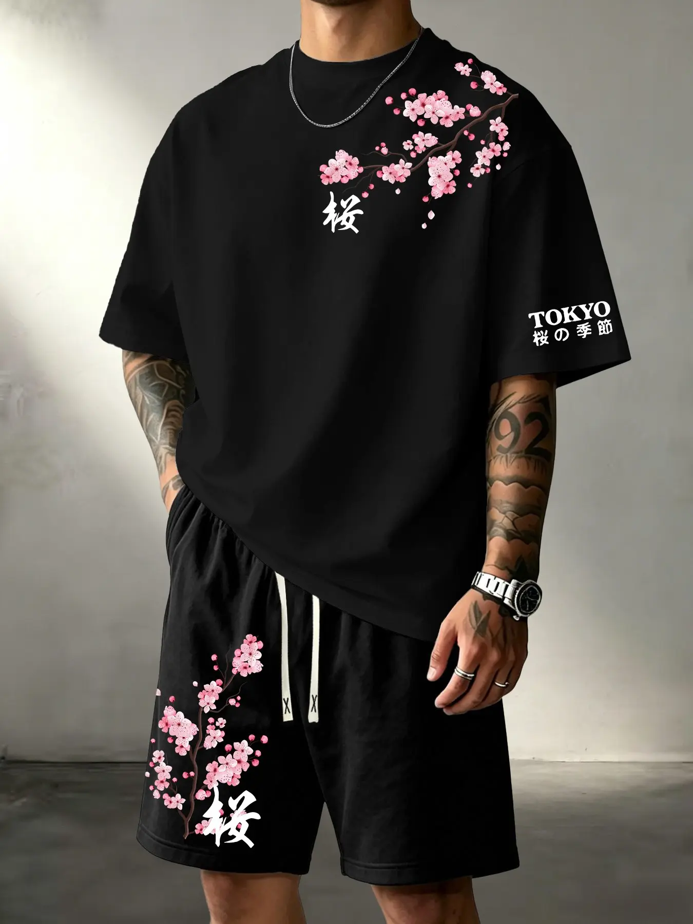 Unisex Y2K Japanese Cherry Blossom Graphic Outfit Set, Crewneck Short Sleeve Tee & Drawstring Casual Shorts, Tokyo Kanji Print Oversized Streetwear 2 Piece Matching Set#Y2KStreetwear #JapaneseStreetwear #CherryBlossomOutfit #MatchingSet #TokyoStyle
