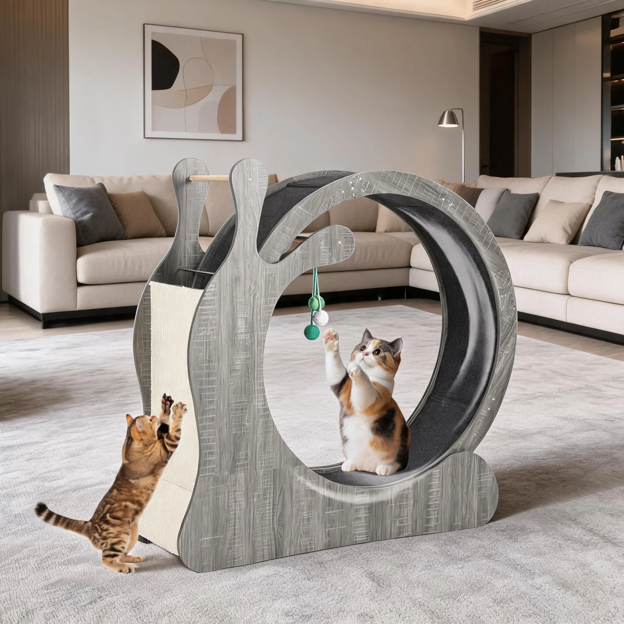 Cat Wheel Exerciser Indoor, Large 3-in-1 Cat Treadmill with Scratching Board and Play Balls, Quiet Cats Running Wheel for Kitty Fitness