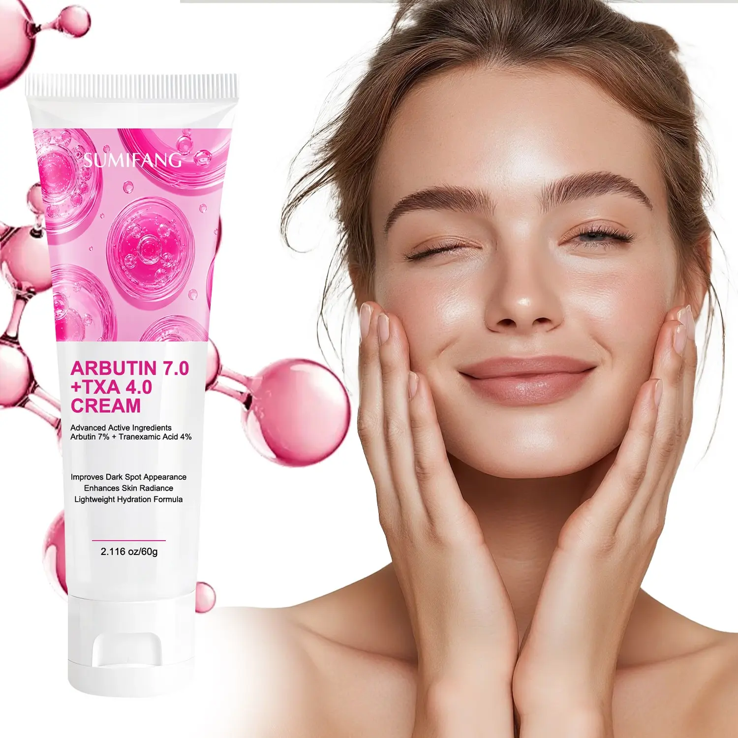 SUMIFANG Arbutin & Tranexamic Acid Brightening Cream (60g) – Tranexamic Acid + Arbutin + Niacinamide – Fades dark spots and dullness, soothes and repairs skin; lightweight gel-cream texture; non-comedogenic; suitable for all skin types.