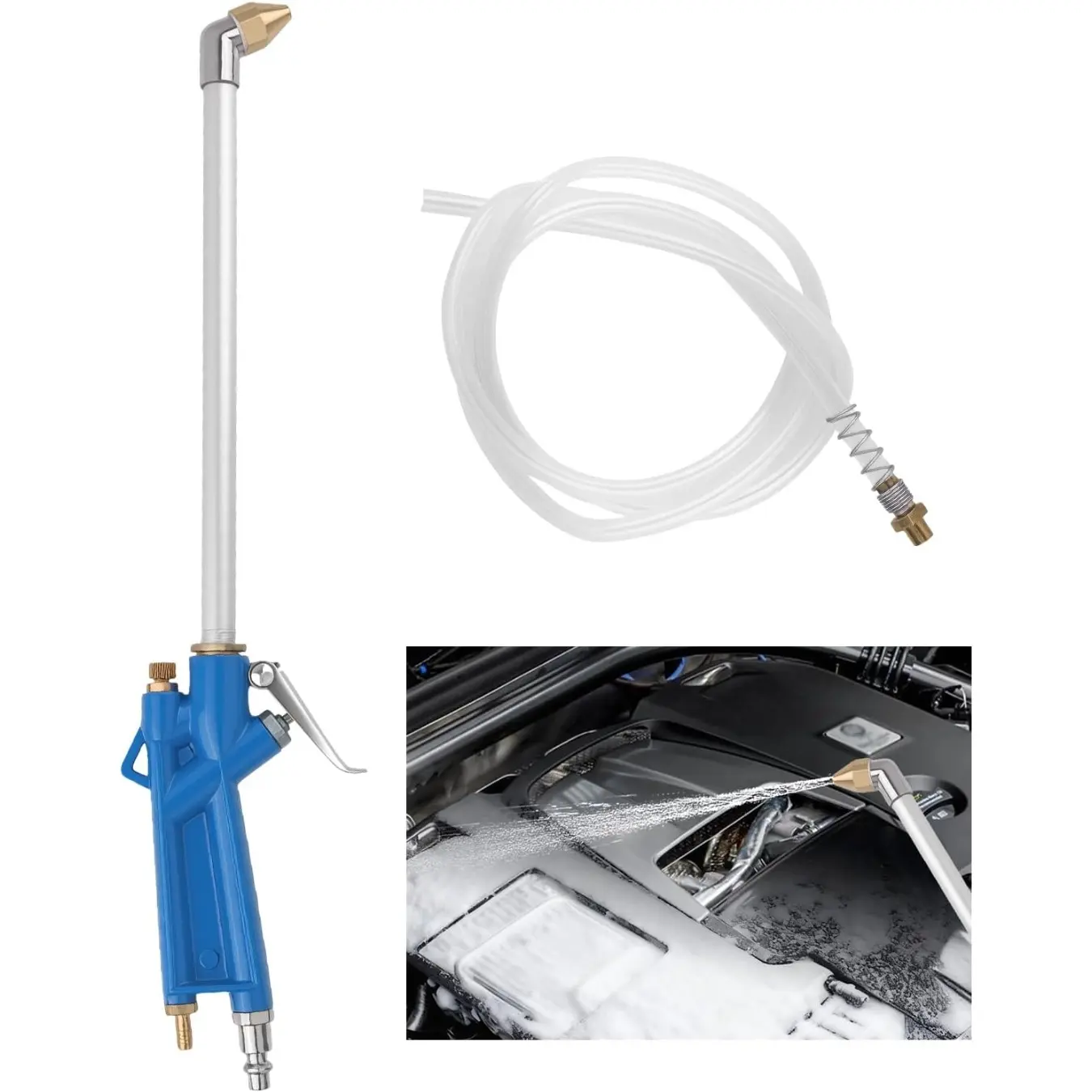 High Pressure Pneumatic Engine Cleaning Spray Gun with 4Ft Flexible Hose & Bend Nozzle, Air Blow Cleaner for Dust & Grime Removal, Portable Auto Water Sprayer for Car Engine Maintenance
