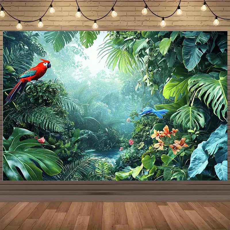 Large Jungle Print Synthetic Polyester Tapestry - Long-Lasting, Wrinkle Resistant Home Supplies Wall Decor with Hand Sewn Edge, Tropical Rainforest Landscape Backdrop for Outdoors, Birthday Party