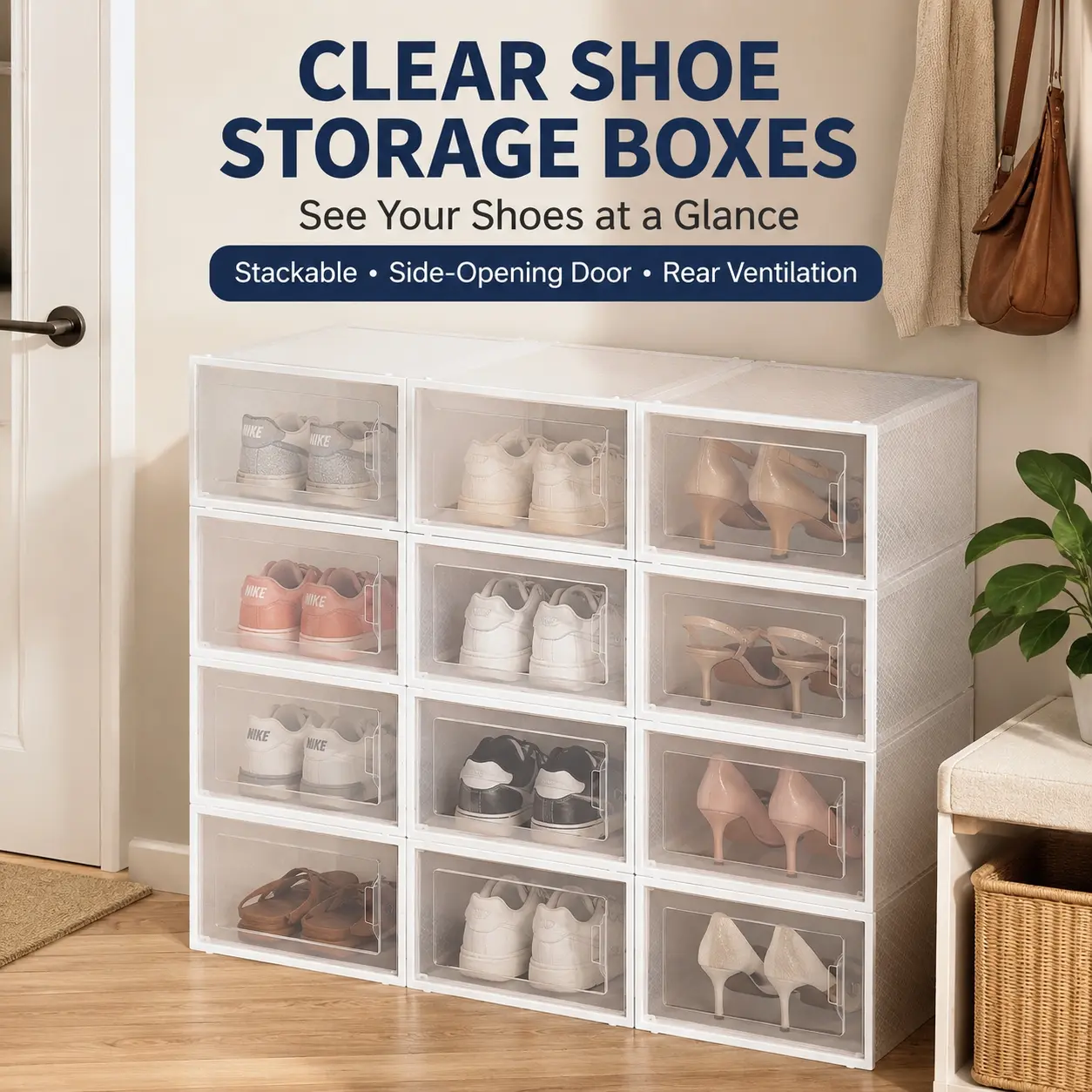 6/12/24 Pcs Transparent Clear Shoe Boxes with Lids, Collapsible Shoe Boxes, Foldable and Stackable Shoe Rack, Space-Saving Storage Organizer Box - Combinable, Plastic Storage Box - Fits All Shoe Types - for Entryways, Bedrooms and Dormitories