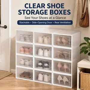 6/12/24 Pcs Thickened Transparent Shoe Boxes with Lids, Foldable and Stackable Shoe Rack, Space-Saving Storage Organizer Box - Freely Combinable, Plastic Sneaker Storage Box - Fits All Shoe Types - Perfect for Entryways, Bedrooms, Homes and Dormitories