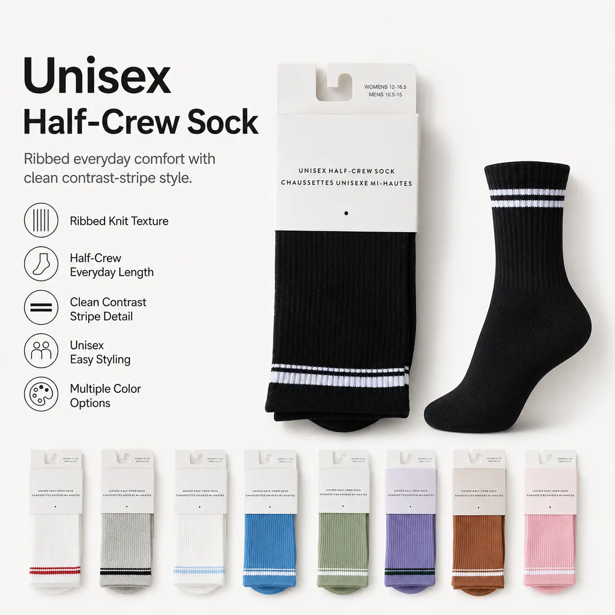 Classic ribbed mid-calf socks with double-stripe detailing; stretchy, comfortable cotton socks with vertical ribbing.Unisex style suitable for sports, travel, and everyday wear (suitable for all seasons).