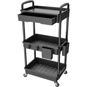 3 Tier Rolling Utility Cart with Drawer, Utility Cart Made of Multifunctional Storage Organizer Tool for Kitchen,Bathroom,Living Room,Office(Black)