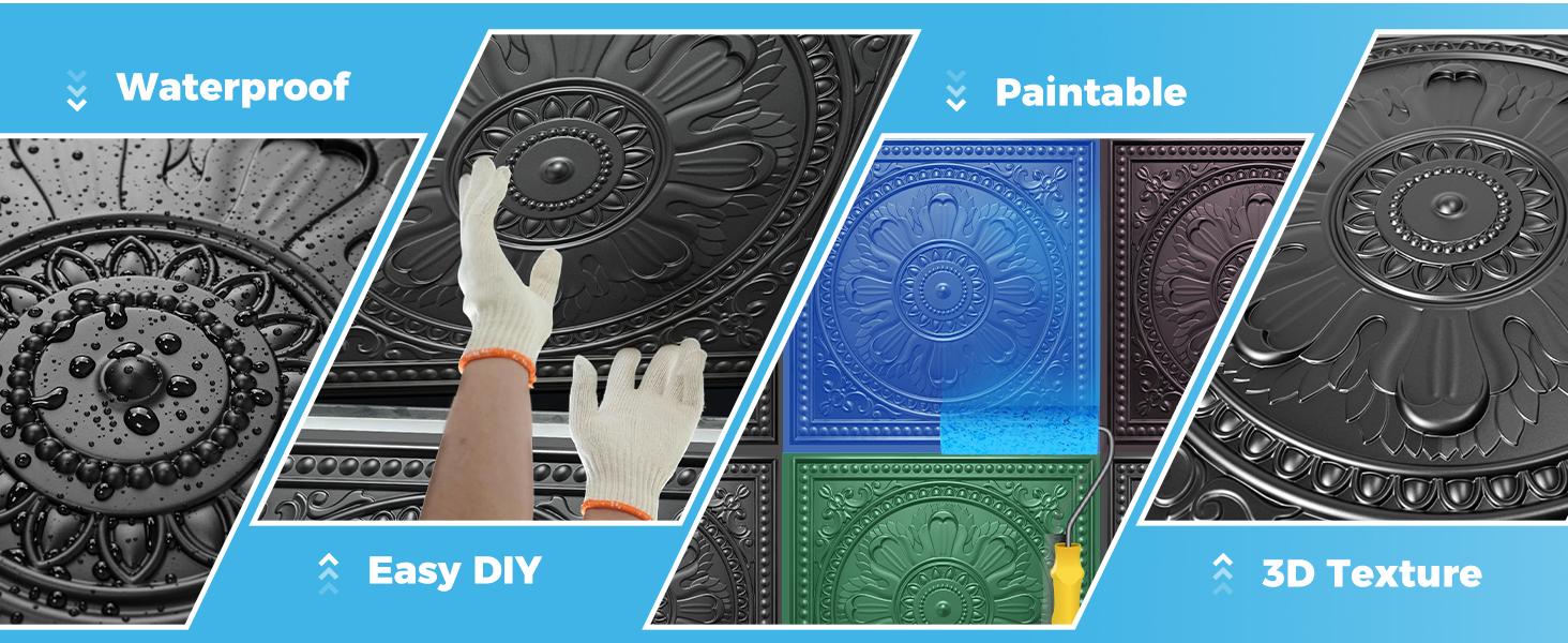 Drop Ceiling Tiles 24"x24", PVC Panels Ceiling Tiles Waterproof Reusable, Covers 48 Sq.Ft., Baroque Decorative Tiles for Home & Use (Pack of 12, Black)