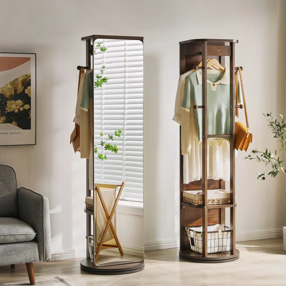 Solid Rubber Wood Rotating Full Length Mirror Cabinet, Freestanding Jewelry Armoire with Storage Shelves & Hooks, 360° Swivel Floor Mirror with Hidden Jewelry Organizer, Makeup Storage Cabinet for Bedroom, Closet, Dressing Room & Home Decor