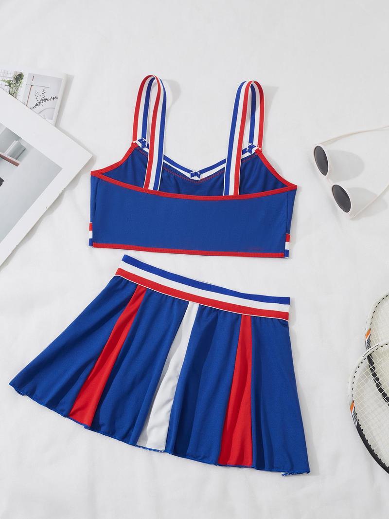Women's Colorblock Cheerleading Uniform Set, Cheerleader Costume Set, Cute Bandeau Bra & Skirt Set for Cosplay Party, Ladies Underwear Set