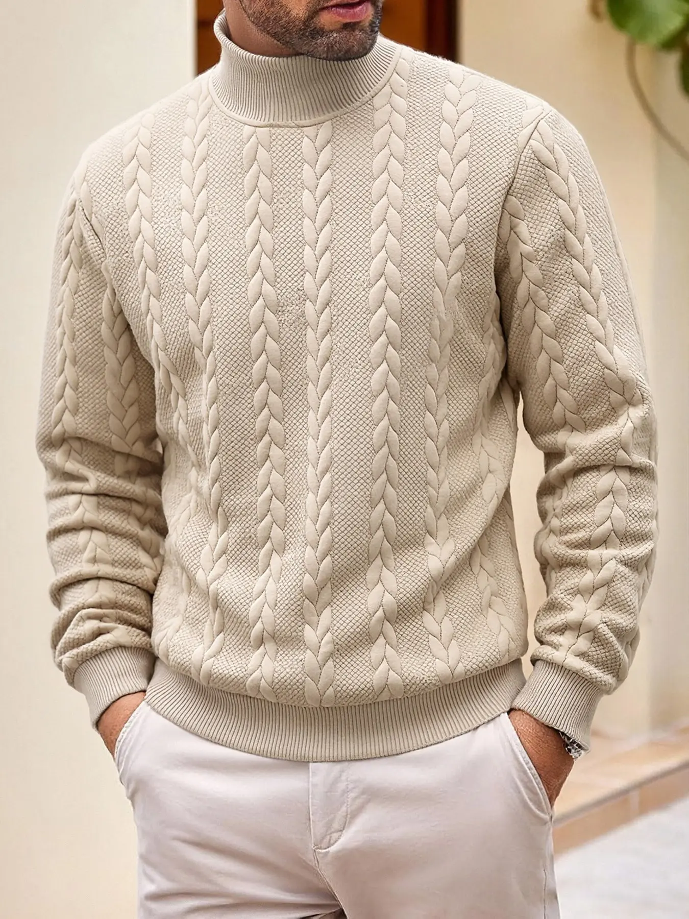 Men's Embossed Cable Knit Mock Neck Pullover, Ribbed Half Turtleneck Long Sleeve Casual Sweatshirt, Breathable Soft Basic Thermal Top for Autumn Winter Streetwear & Layering Outfits