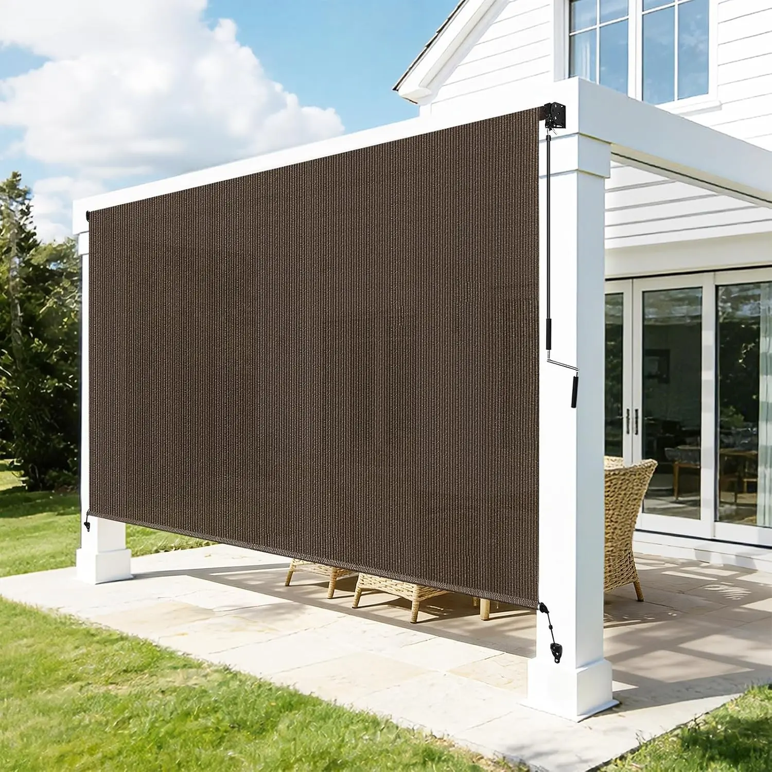 Outdoor Roller Shades for Patio, 8' W x 8' H Cordless Patio Shades Roll Up Outdoor Blinds with Splicing Design, 90% UV Protection for Porch Gazebo Pergola, 2 Poles & 1 Fabric, Mocha