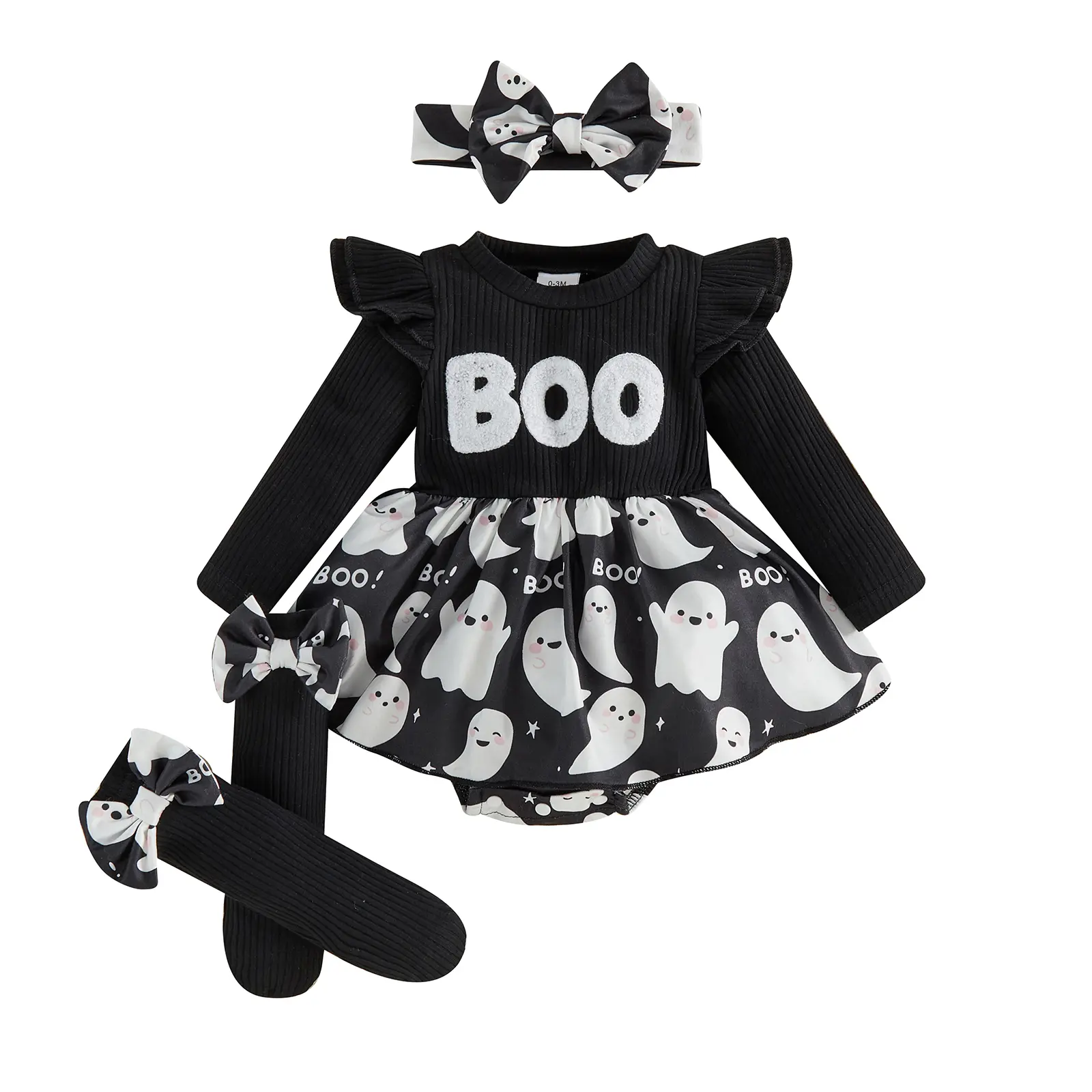 Babamoon Newborn Infant Baby Girl Halloween Romper Outfits Long Sleeve Ghost Print Onesie Bodysuit Headband Socks Set, One-Piece
