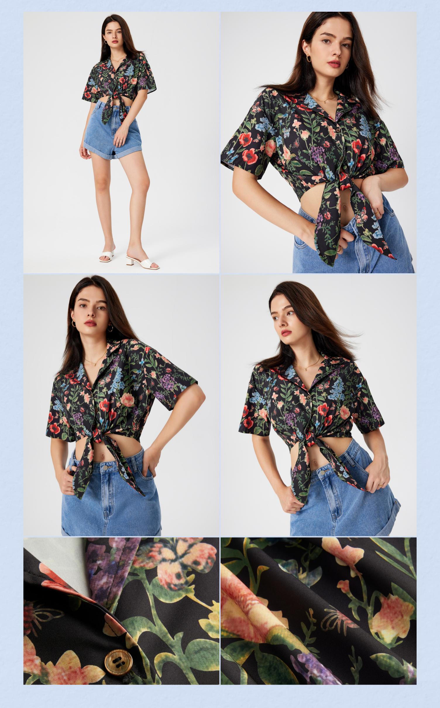 Cider [5 colors, size 0-26] Collar Floral Knotted Short Sleeve Blouse