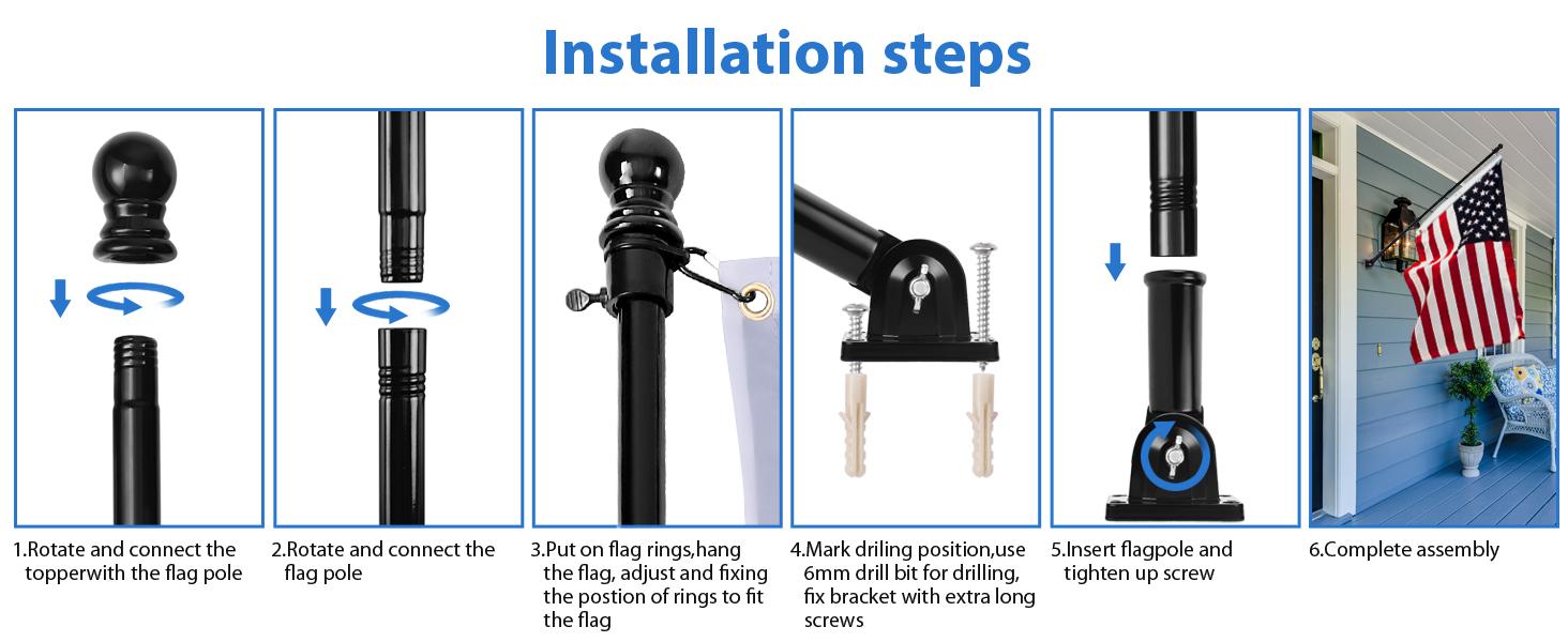 6 ft Stainless Flag Poles for, Tangle Free with Two-Position Bracket, for 3x5 Flag, Use, Black
