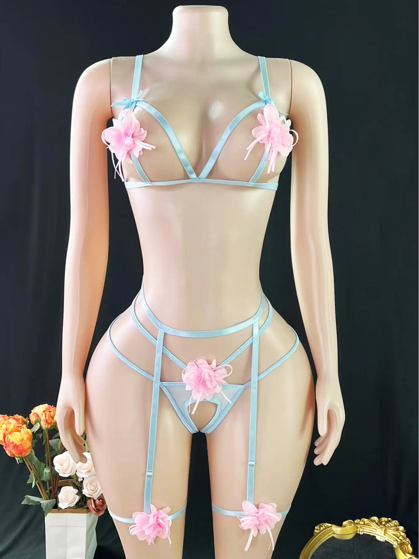 Women's Sexy Glamour Lingerie Set, Floral Tie-up Sheer See-through Wire-Free 5-Piece Set, Includes Bra + Panty + Garter Belt + 2 Leg Rings, Ideal for Private Parties plus size women clothing