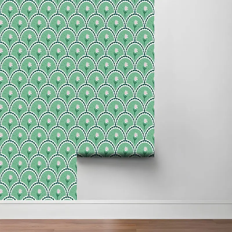 Retro Green Scallop Floral Peel and Stick Wallpaper, Removable Self Adhesive Contact Paper for Bedroom, Aesthetic Wall Decor Roll, Perfect Housewarming Gift for Home Decor Lovers