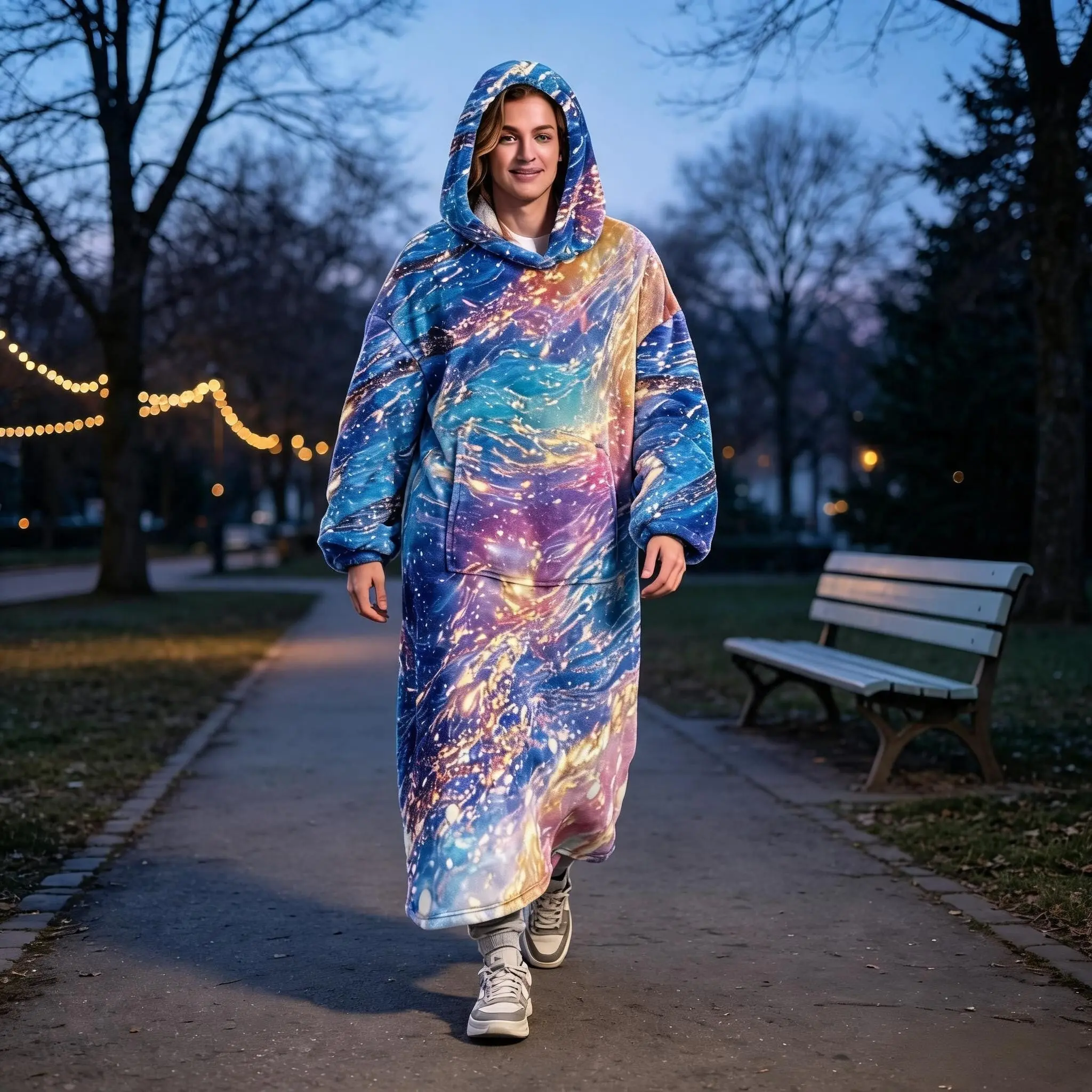 1pc Flannel Hooded Wearable Blanket, Gold Star Moon Magic Totem, Long Cozy Blanket with Large Pockets, Perfect for Holidays