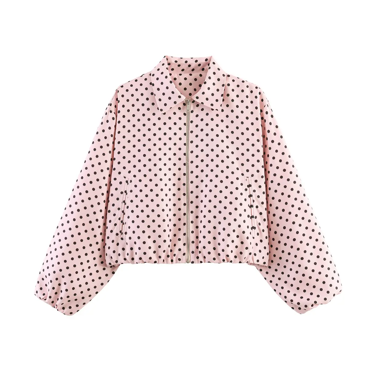 Women's Versatile Casual Polka Dot Collared Zipper Cropped Trench Coat, Elegant Side Pocket Long Sleeve Outerwear for Fall & Winter, Windproof Lightweight Jacket, Light Warmth Daily Outfit