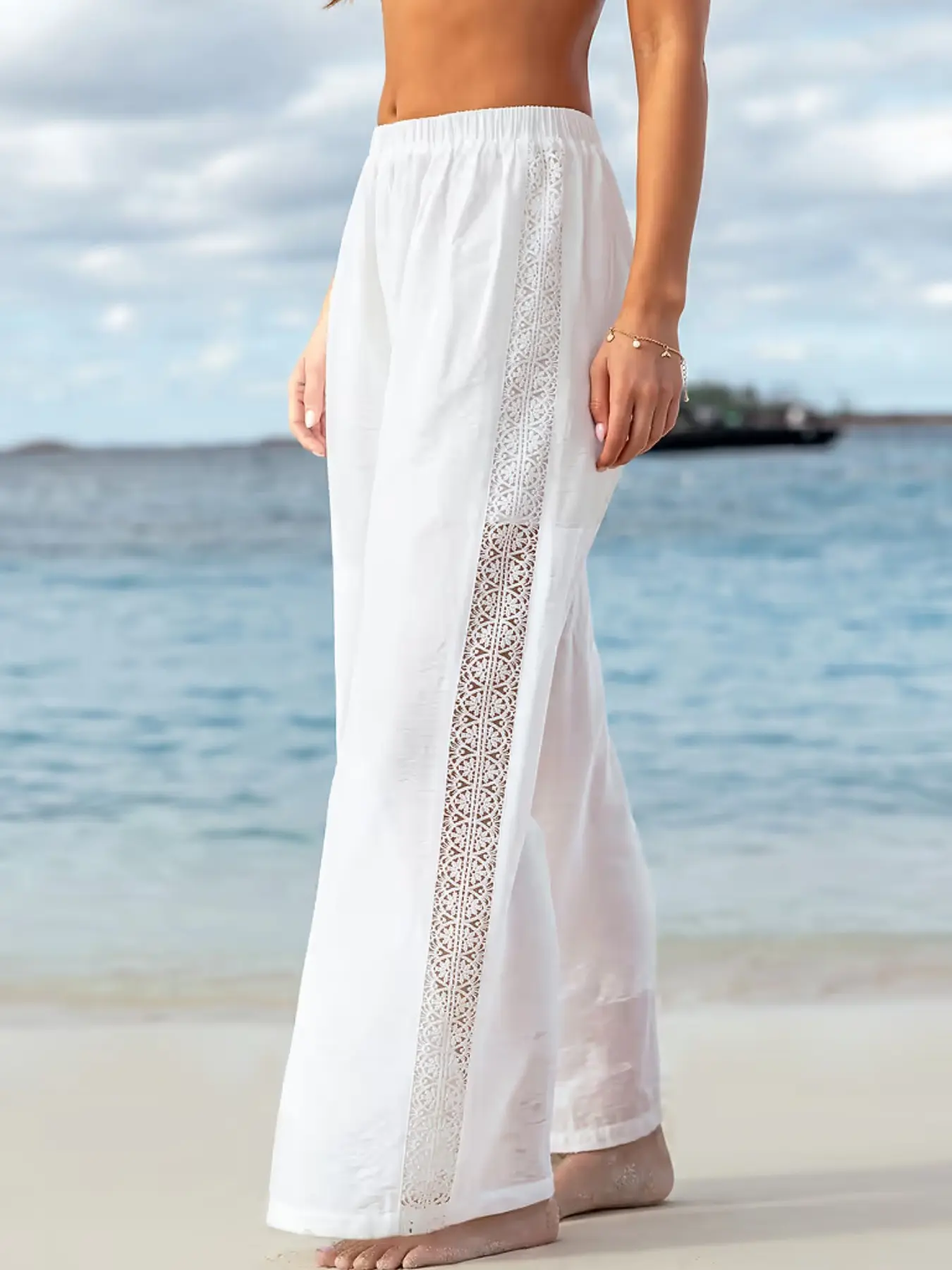 Summer Flowy Beach Long Pants, Lace Patchwork Elastic Waist Wide Leg Pants, Comfortable and Stylish Fashion Summer Wear, Perfect for Beach Outings