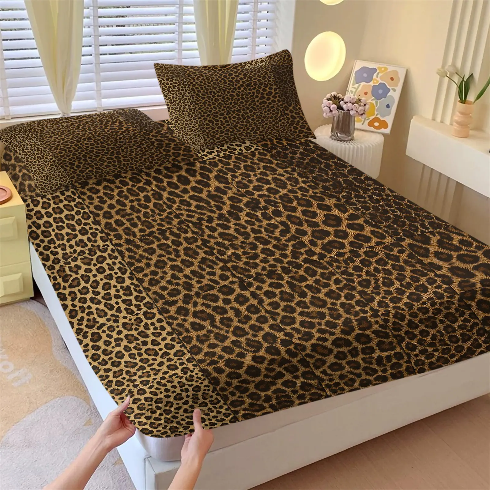 Classic Gold Brown Dense Leopard Print Fitted Sheet Set-1 Bed Skirt & 2 Pillowcases No Core-Warm Gold Base with Deep Brown Black Leopard Print-Deep Pocket Non-Slip Mattress Protector-Tropical Bedroom Decor Comfy Bedding Set