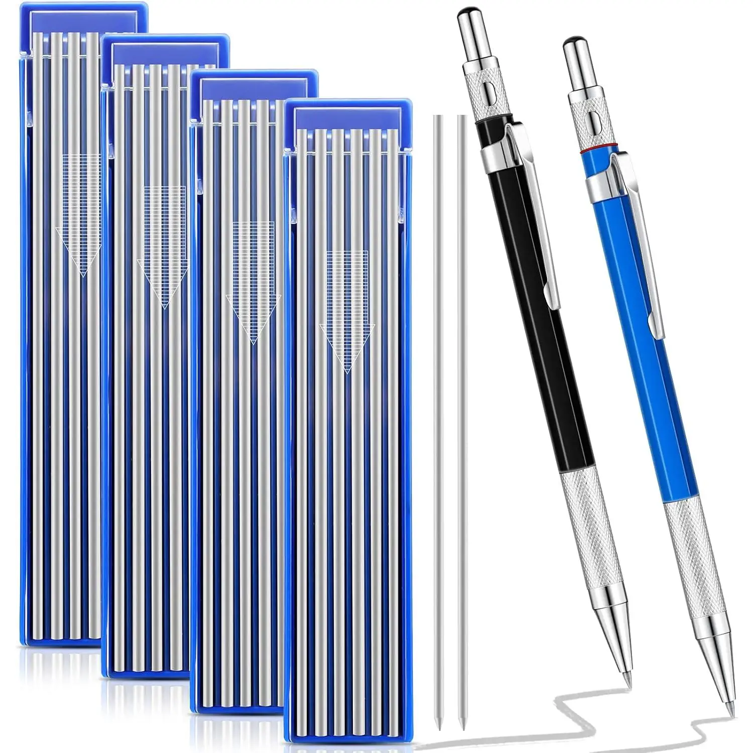 2 count Welders Pencil with 48 count Round Refills Mechanical Pencils Metal Welding Marker for Tube Pipe Fitter Welder Steel Construction Woodworking ()