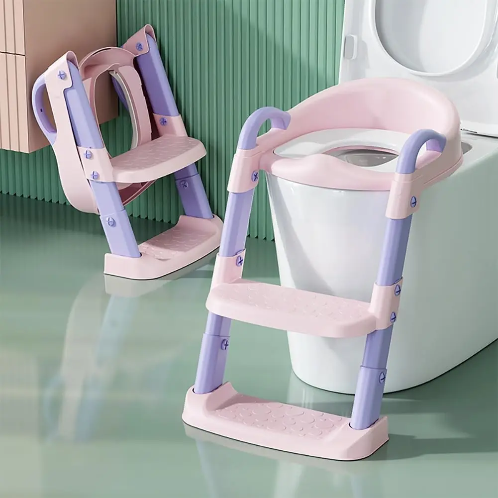 Potty Training Toilet Seat with Step Stool Ladder for Toddlers, Foldable Non-Slip Adjustable Height Toilet Seat for Boys Girls (Purple & Pink)(Gift)