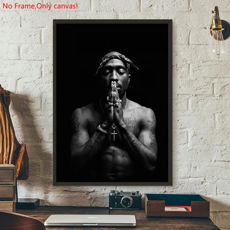 1 piece/set frameless canvas painting print poster, Classic Character Album art，Tupac Shakur Praying Black and White ，a perfect gift for Music loves, ideal gift for bedroom, living room, dorm hallway, kitchen, mural, wall decoration, room decor