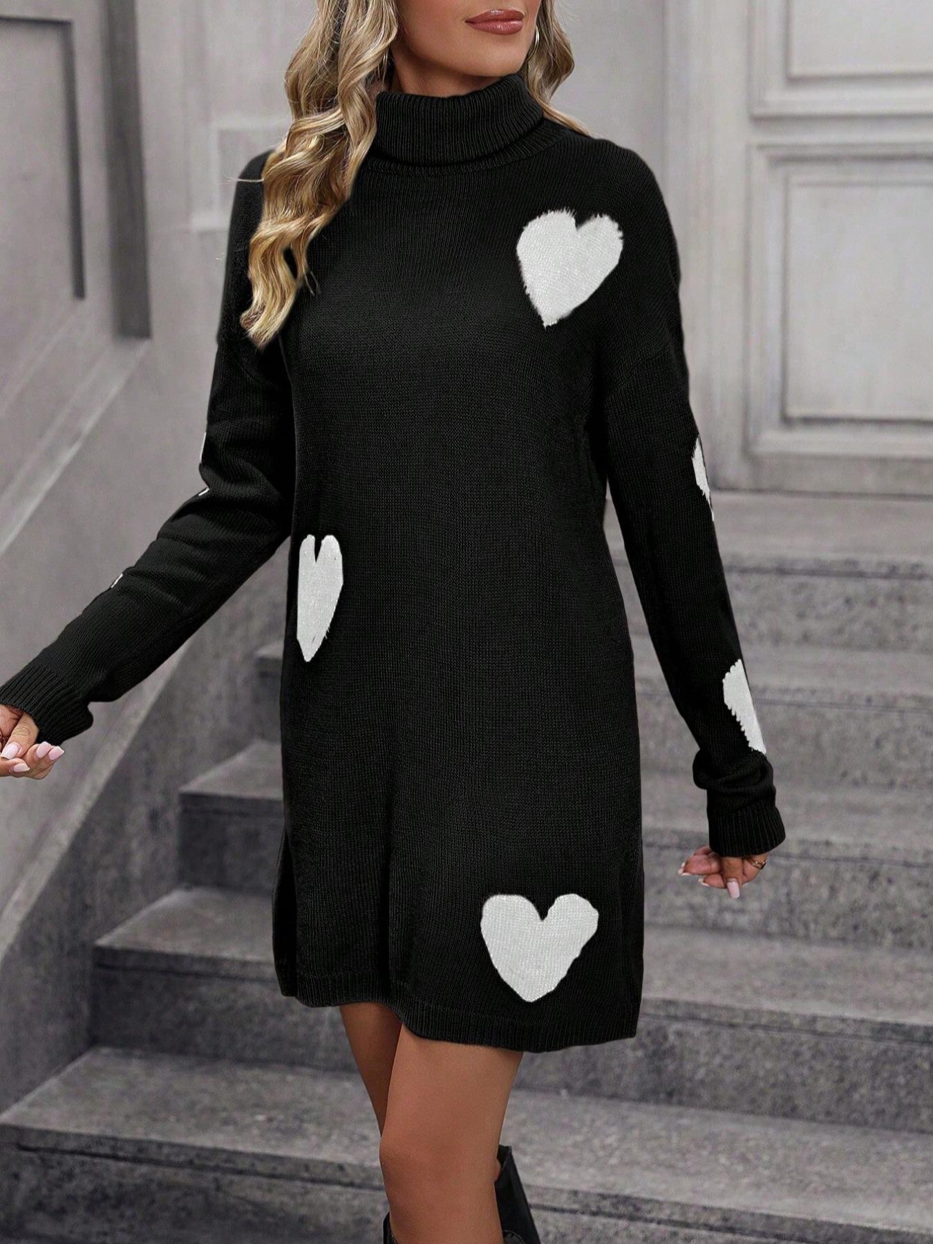 Women's Heart Print Drop Shoulder Sweater Dress, Casual Long Sleeve High Neck Jumper Dress for Fall & Winter, Fashion Women's Clothing for Daily Wear Womenswear Turtleneck