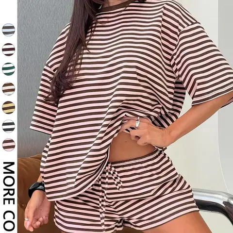 Women's Striped 2 Piece Outfit Women | Oversized T-Shirt + Drawstring Shorts | Soft Casual Lounge Set | Y2K Clean Girl Style for Daily Home Vacation Wear Shorts Matching Set