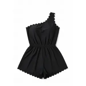 Plus Size Solid Black One Shoulder Scalloped Romper Style One Piece Swimsuit, Ruffled Edge Elastic Waist Skort Swim Dress, Curvy Figure Friendly Modest Stretch Bathing Suit for Beach Pool Summer Resort Vacation Outfit