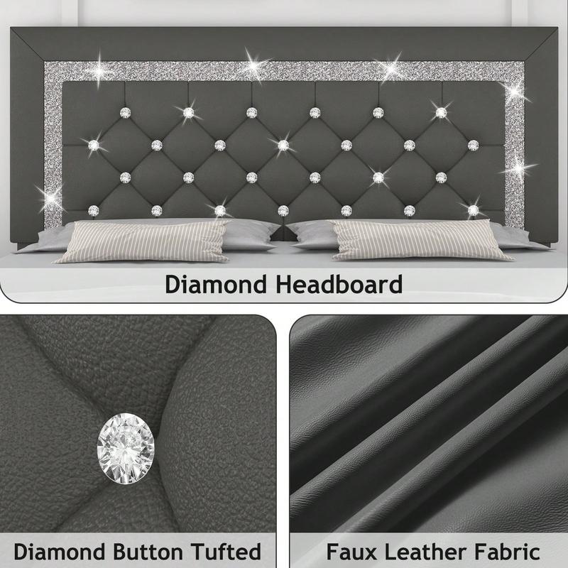 Romantic Luxury Upholstered Bed Frame with Diamond Headboard & Footboard Twin Full Queen Sizes Pearl White Beige Black Grey Pink Purple Green Modern Trendy Sturdy Anti-noise