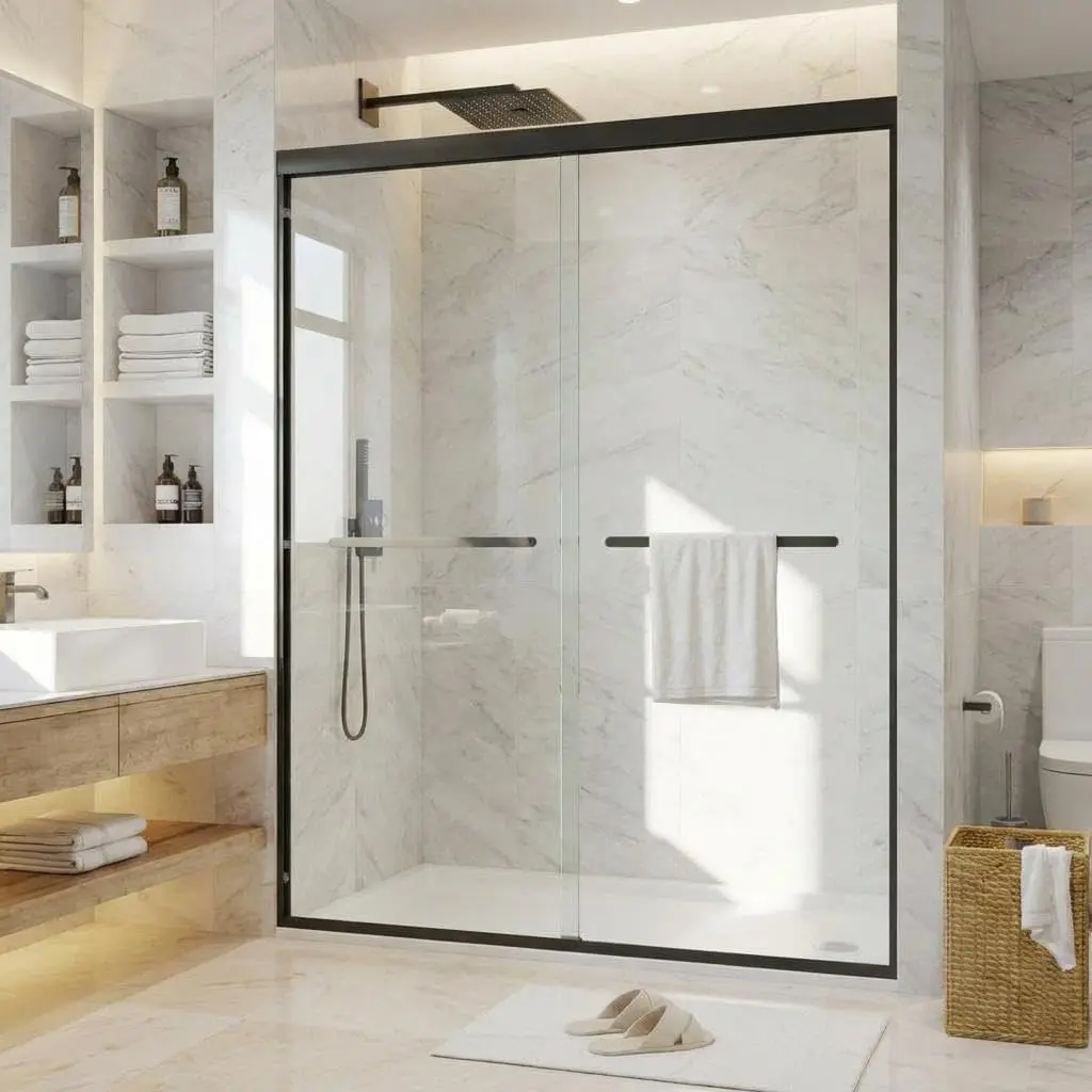 Matte Black Frameless Sliding Shower Door for Modern Bathroom - 6-8mm Easy-Clean Tempered Glass, Double Bypass Panels, Space-Saving Aluminum Frame, Fits Bathtubs and Walk-In Showers