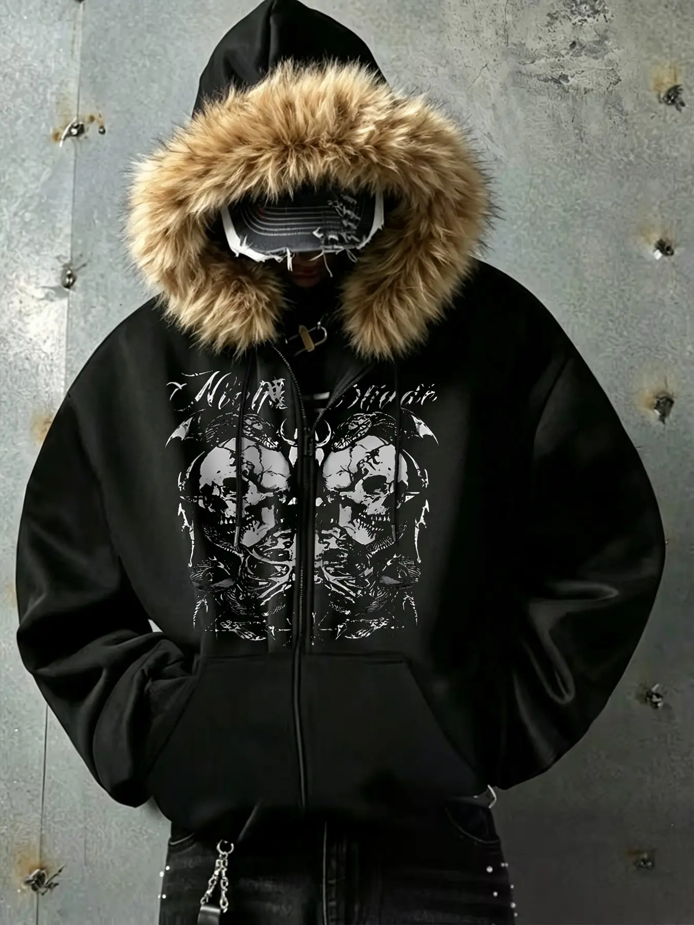 Men's Gothic Skull Print Faux Fur Lined Zipper Hoodie, Drop Shoulder Dark Streetwear Open Front Jacket, Multicolor Options