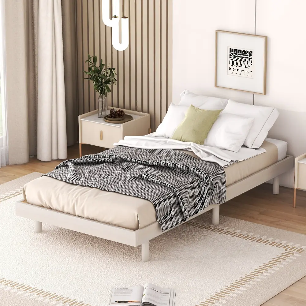 Twin Size Floating Bed Frame, Modern Platform Bed with Wood Headboard and Low Profile Design, Sturdy Wooden Platform Bed Frame No Box Spring Needed for Bedroom