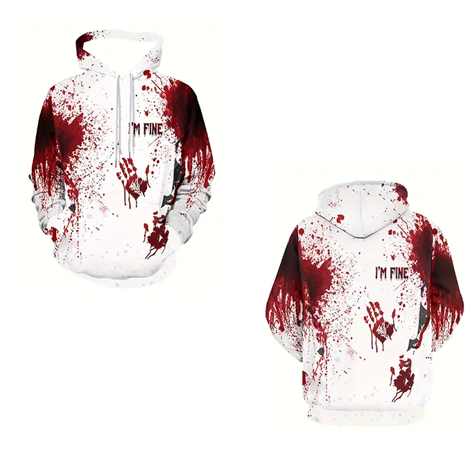 Men's "I'm Fine" Graphic White Hoodie with Red Blood Splatter & Handprint Design - 3D Printed Halloween Streetwear Pullover, Oversized Sweatshirt for Spring & Autumn, Halloween Hoodie, Autumn Casualwear, Streetwear Fashion, Comfortable Knit, Autumn Clothi