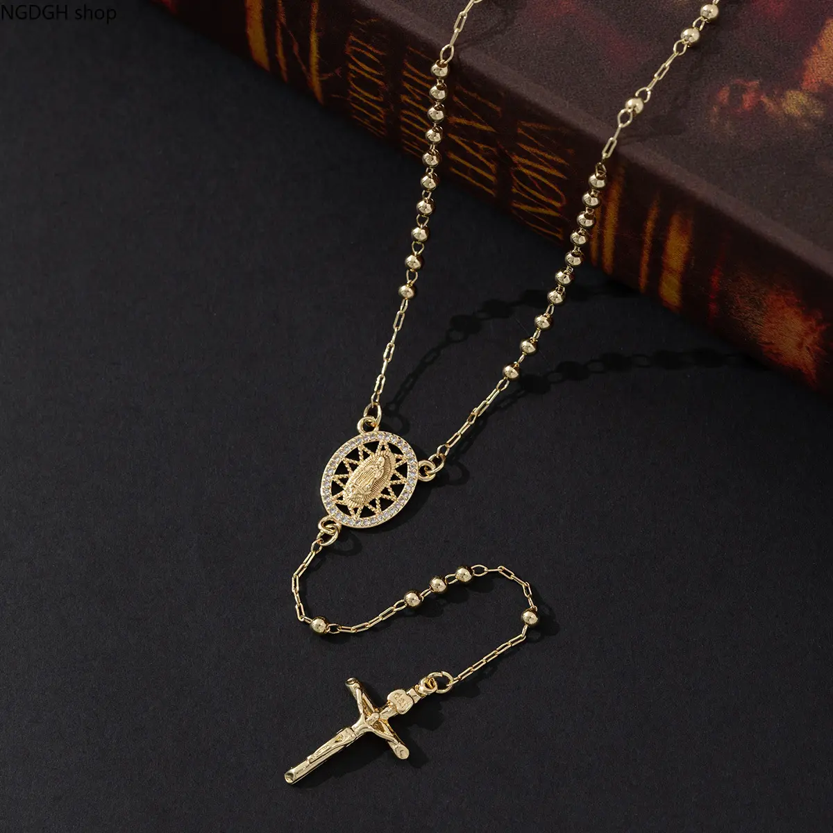 Catholic Rosary Necklace - Gold Beaded Chain with Mary Medal, Cross, Elegant Religious Pendant for Women, Daily Wear Beads Accessory, Meaningful Gift, Cross Chain Design, Female