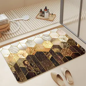 Hexagon Marble Tile Diatomaceous Earth Bath Mat, Gold Brown Geometric Mosaic Quick Dry Super Absorbent Non Slip Shower Mat, Luxury Honeycomb Bathroom Mat