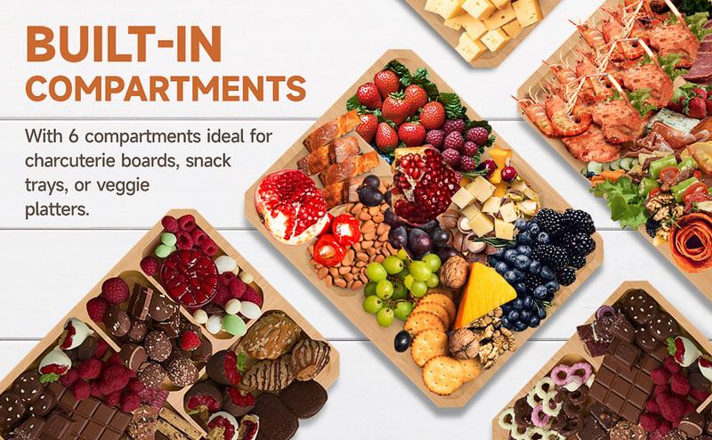 Portable Charcuterie Board with Lid, Build-A-Board Bamboo Cutting Board with Clear Locking Lid and White Handles, Travel Portable Chauratri Board For Cheese Kitchen Chopping,11x14 Inch 6 Compartment,House Warming Gifts for Women,Travel Friendly House