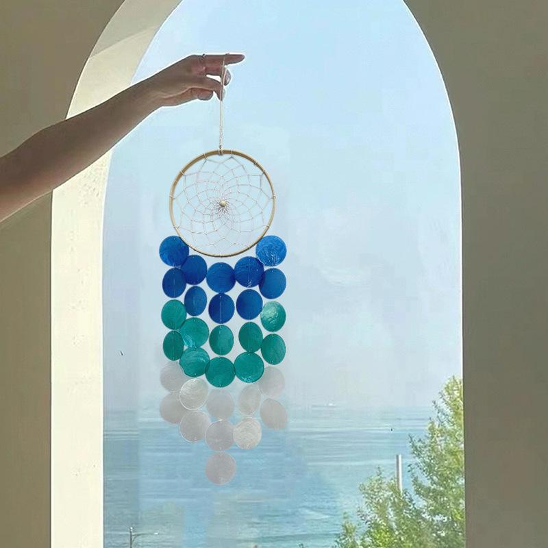 Bohemian Dreamcatcher Wind Chime, Handmade Natural Shell Light and Shadow Hanging Decoration, Rainbow / White / Blue Version for Home Wall / Window / Balcony Decoration