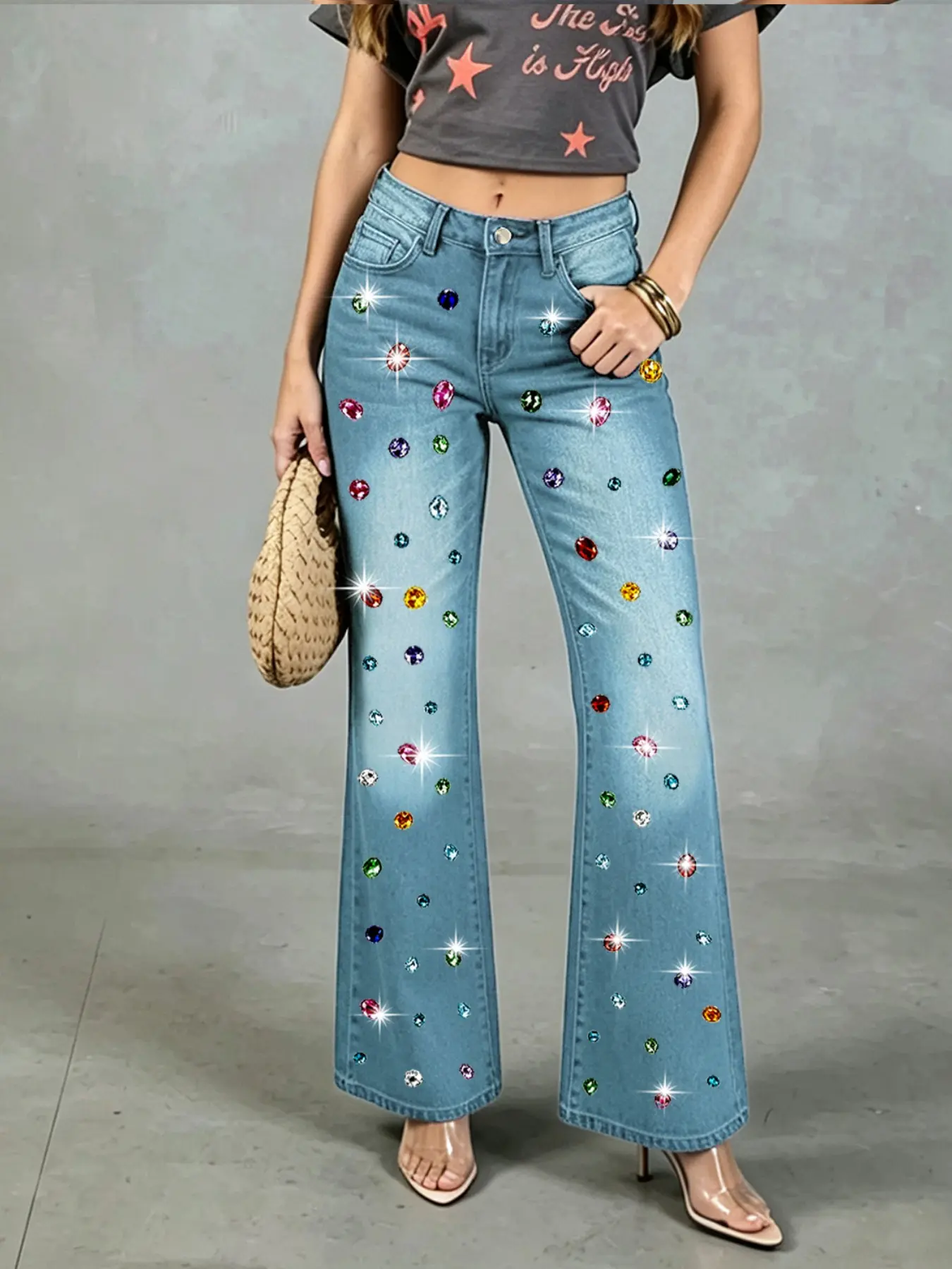Vintage Colorful DIY Rhinestone Micro Flare Jeans for Women, High Waist Sparkling Rhinestone Flare Pants, American Party Fashion Long Pants