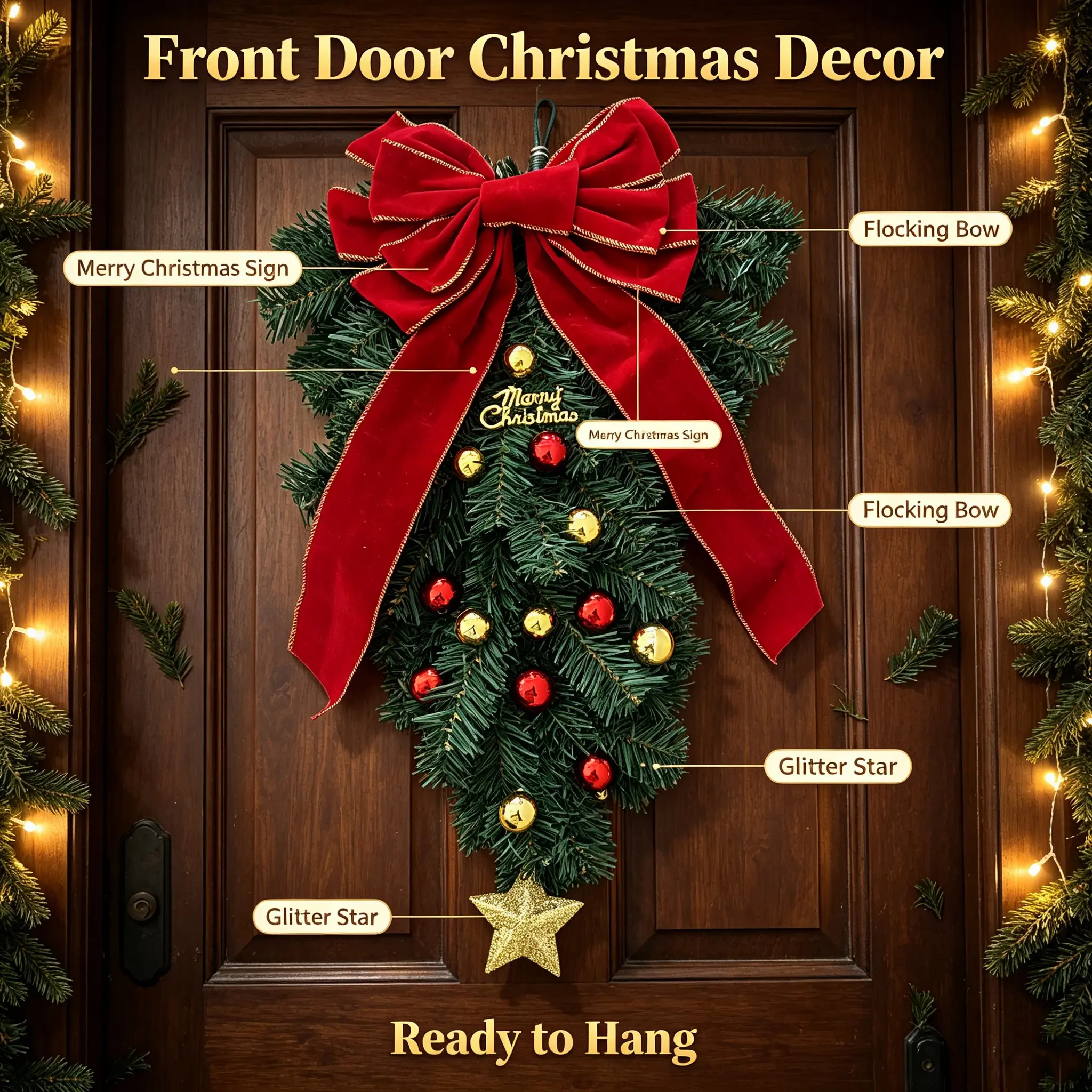 Christmas Door Hanging Decoration Tree, Bowknot, PVC Plastic Holiday Party Decor, Wall Window Front Door Decor, No Power Needed